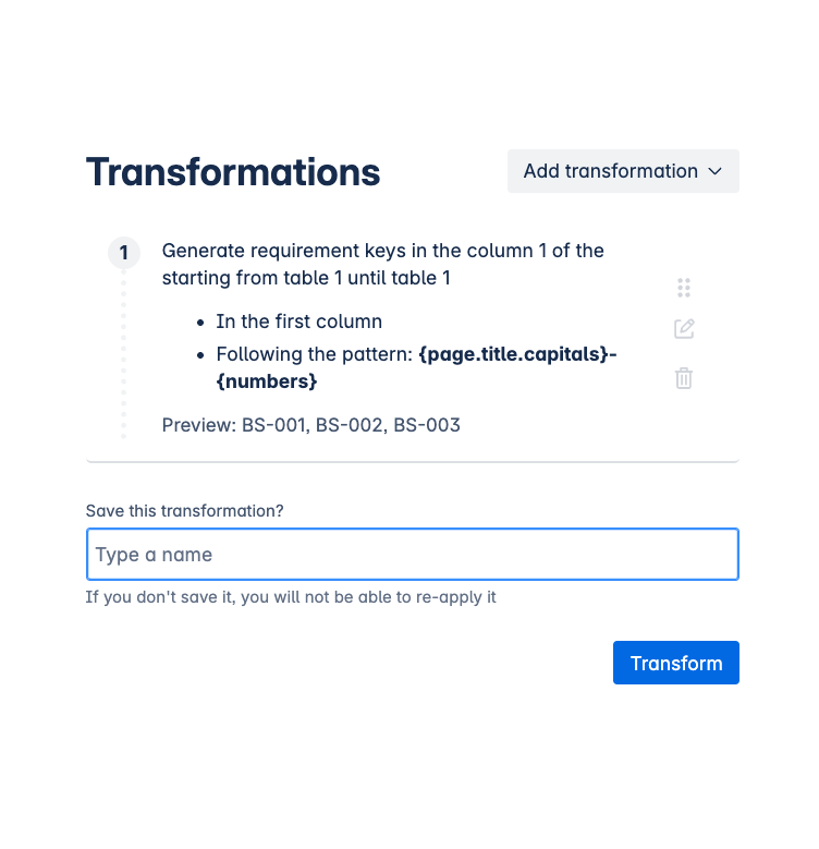 Transformation to generate requirements
