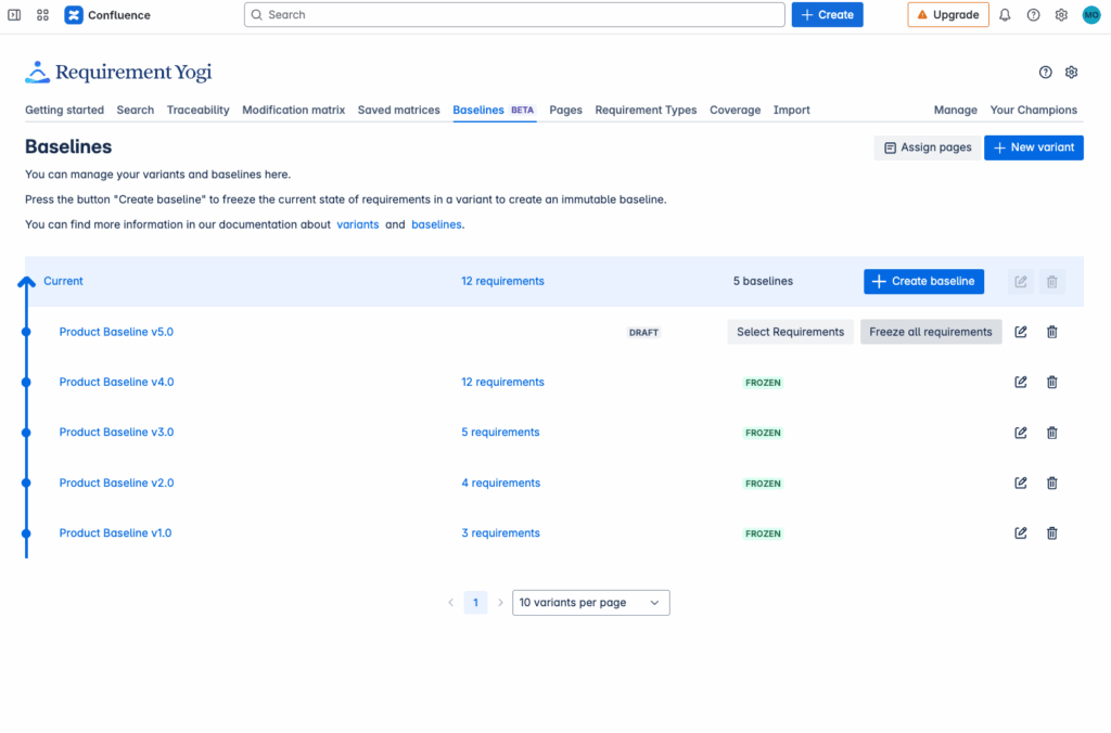 Create a requirement baseline with Requirement Yogi.
