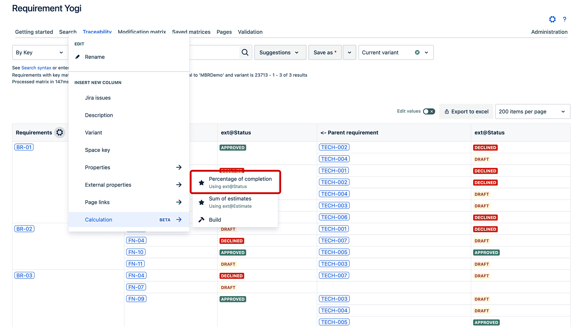 Calculate the percentage of completion of your requirements with a simple click