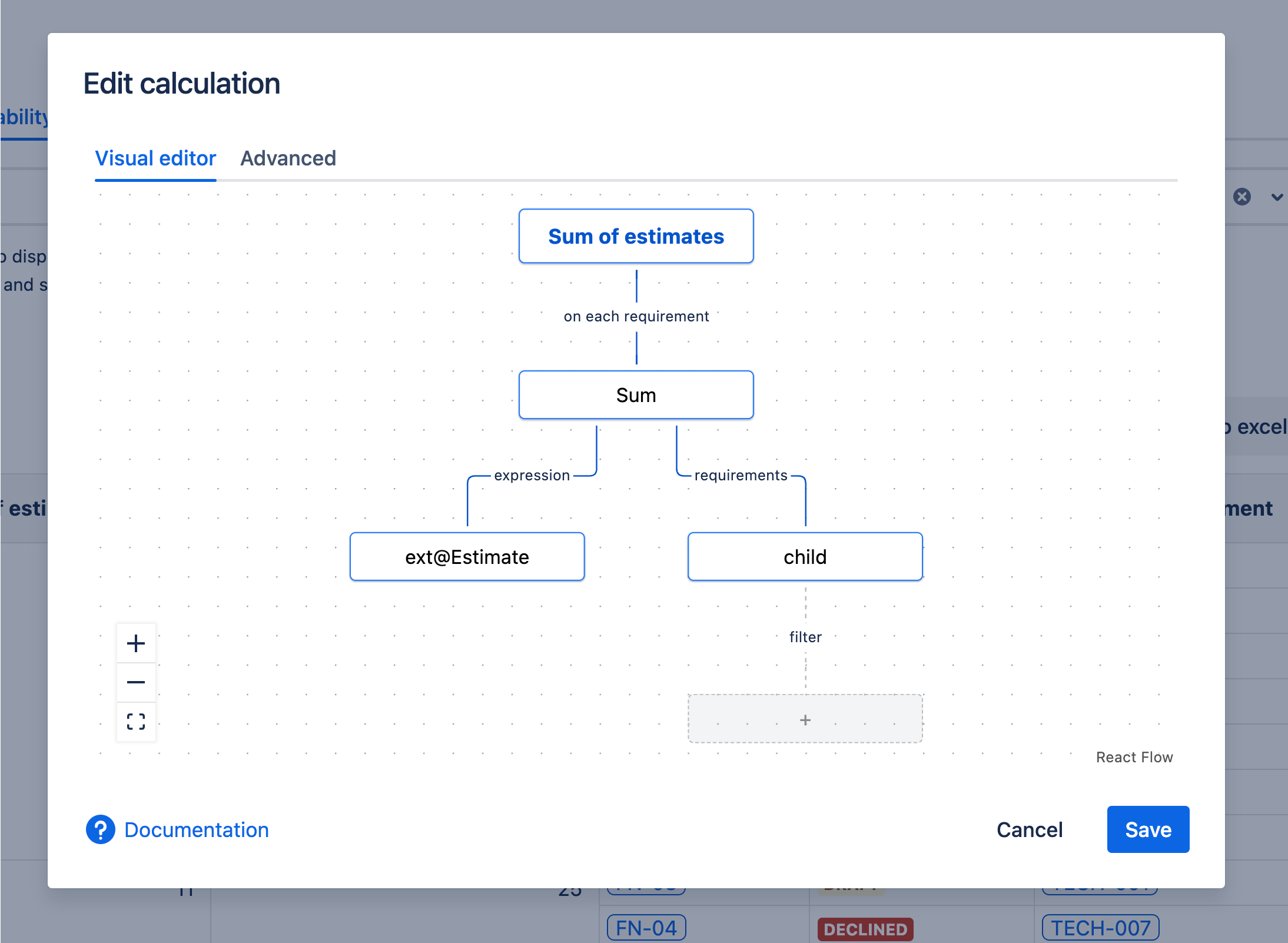 Example of formula with the Visual Editor, to calculate the sum of estimates for BR's children.